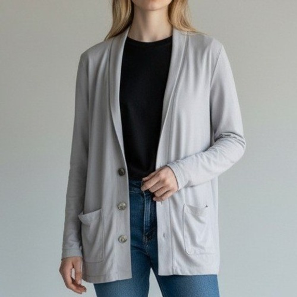 J.Jill Women Cardigan Sweater M‎ Grey Shawl Collar Button Front Cotton Modal